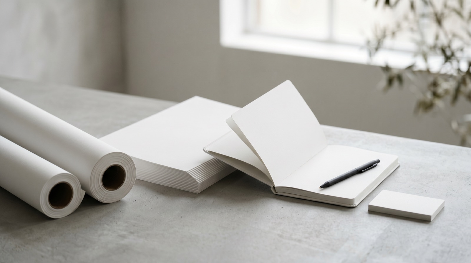 Carthage stone paper rolls, sheets and an open notebook