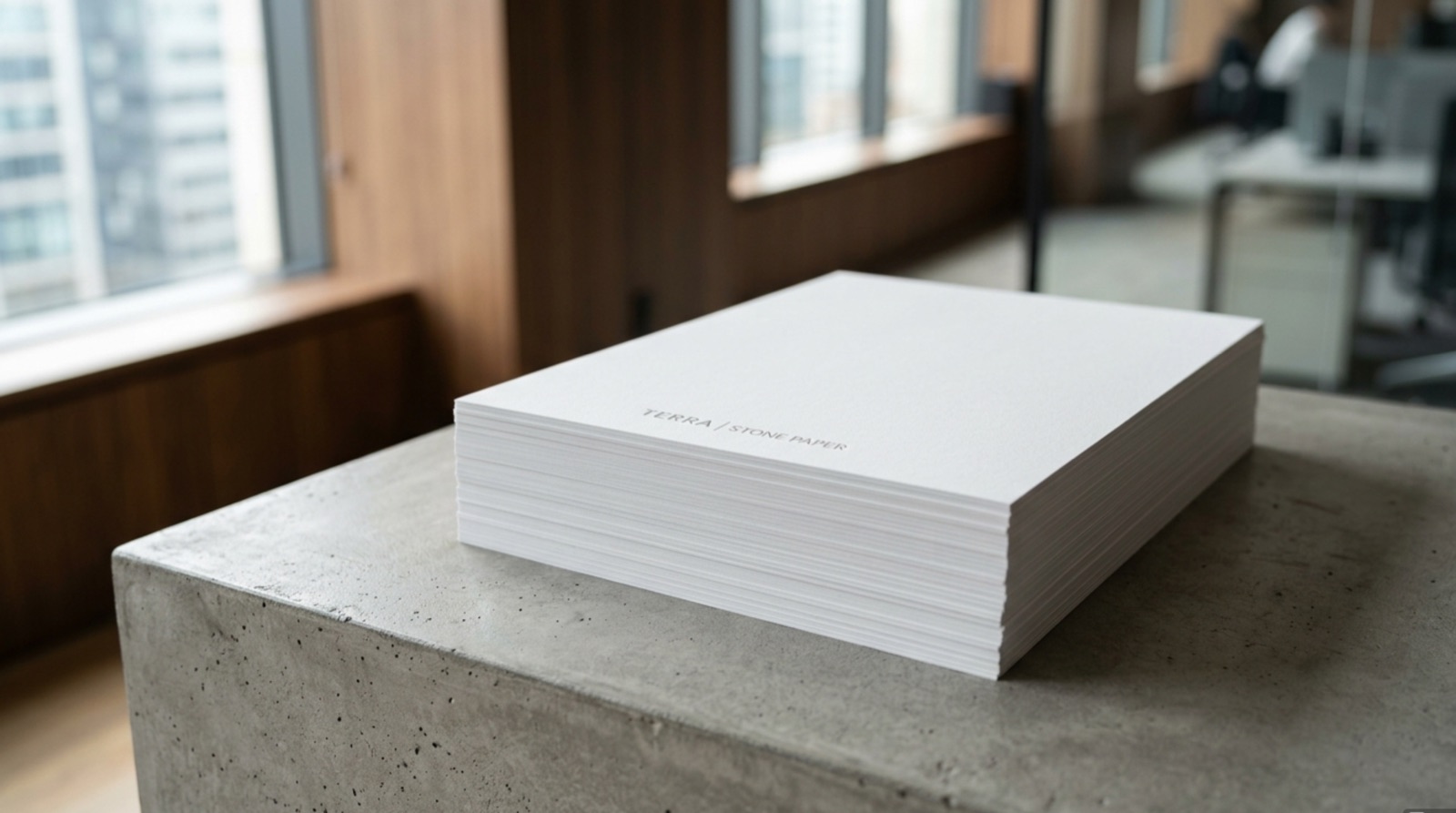 A stack of Carthage stone paper sheets on a concrete surface